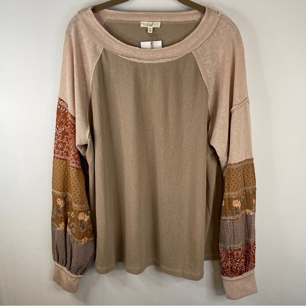 Patchwork Sleeve Beige Top